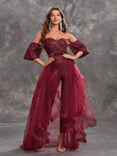 Giffniseti Women's Sparkly Off Shoulder Jumpsuit With Mesh Splicing, Party Sequin Evening Dress